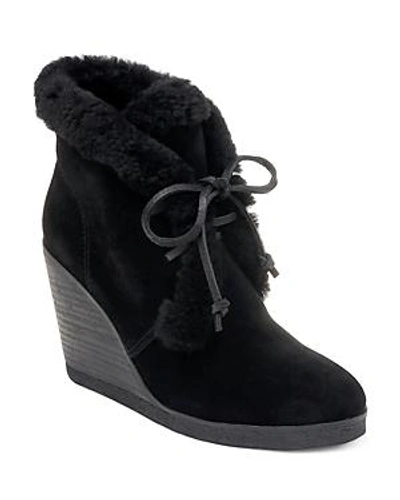 Shop Splendid Women's Catalina Suede & Shearling Lace Up Wedge Booties In Black