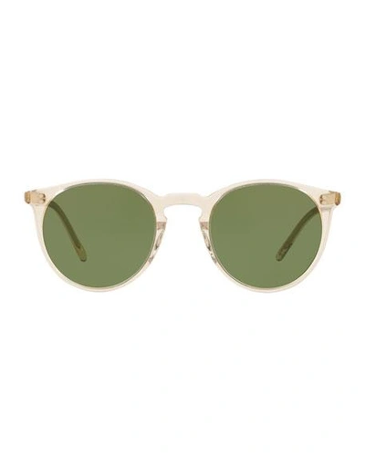 Shop Oliver Peoples Men's O'malley Peaked Round Sunglasses With Mineral Glass Lenses - Buff Green In Green/brown