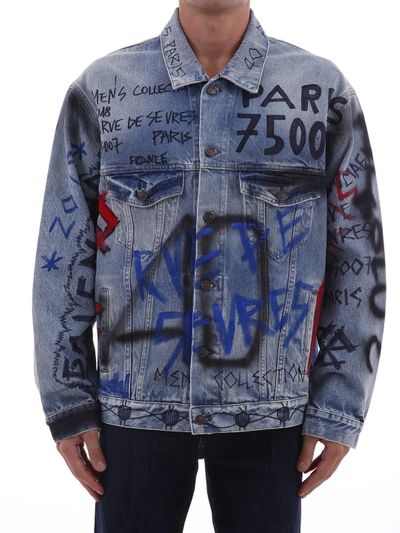 Shop Balenciaga Graffiti Oversize Denim Jacket In Blue