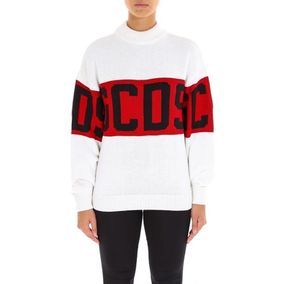 Shop Gcds Logo Oversize Crew Neck Sweater In White