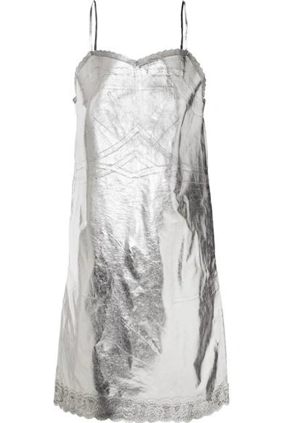 Shop Mm6 Maison Margiela Metallic Lace-trimmed Coated-shell Dress In Silver