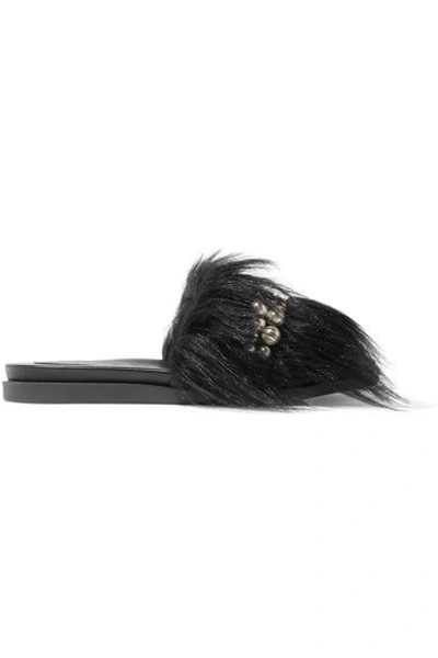 Shop Simone Rocha Faux Pearl-embellished Faux Fur Slides In Black