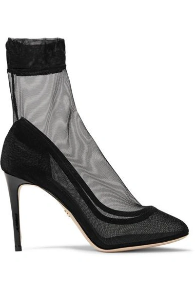 Shop Dolce & Gabbana Leather-trimmed Stretch-tulle Sock Boots In Black
