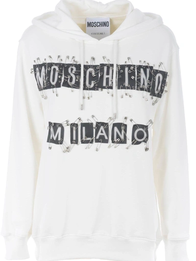 Shop Moschino Safety Pin Logo Hoodie In Bianco Latte