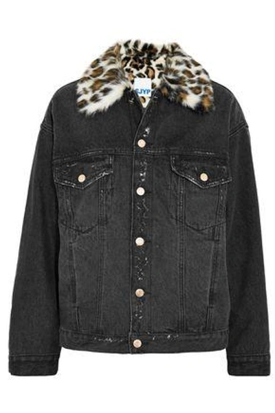 Shop Steve J & Yoni P Woman Leopard-print Faux Fur-trimmed Denim Jacket Charcoal