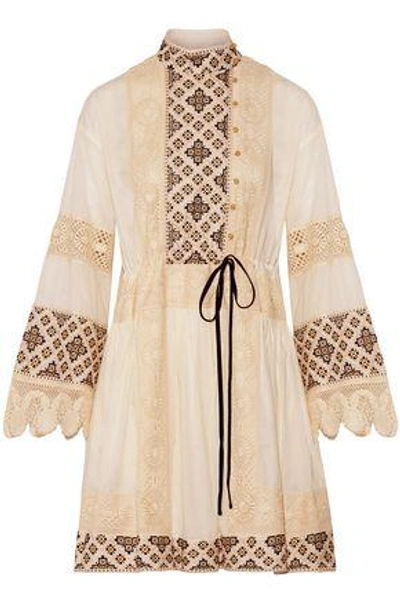 Shop Tory Burch Woman Carlotta Lace-trimmed Embroidered Cotton-voile Mini Dress Ivory