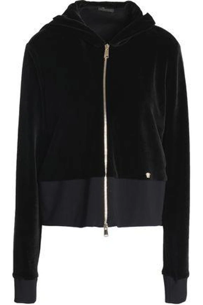 Shop Versace Woman Cotton-blend Velvet Hooded Sweatshirt Black