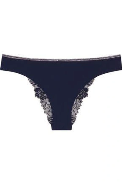 Shop La Perla Woman Metallic Lace And Stretch-jersey Low-rise Briefs Navy