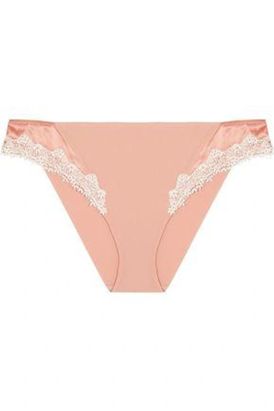 Shop La Perla Woman Lace And Satin-trimmed Stretch-silk Low-rise Briefs Peach