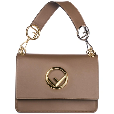 Shop Fendi Women's Leather Shoulder Bag Kan I Logo In Brown