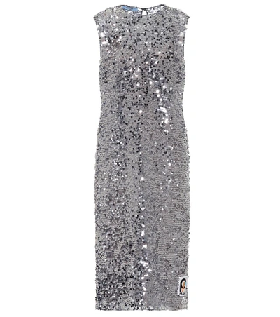 Shop Prada Sequined Midi Dress In Silver