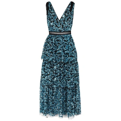 Shop Self-portrait Blue Tiered Sequinned Midi Dress