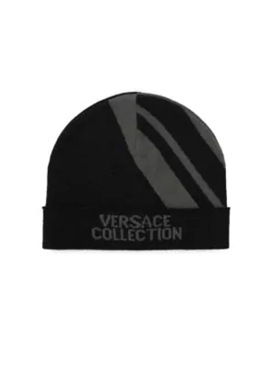 Shop Versace Logo Knit Beanie In Black Grey