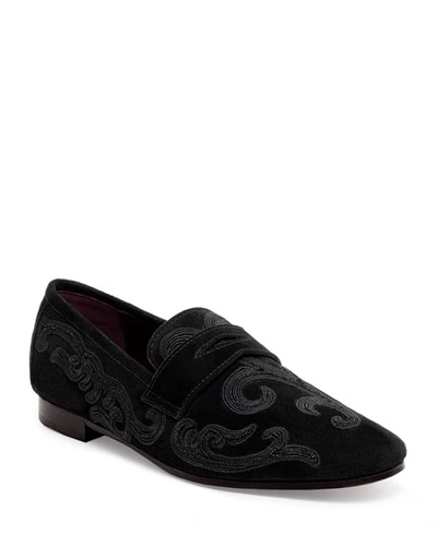 Shop Bougeotte Flaneur Embroidered Suede Penny Loafers In Black