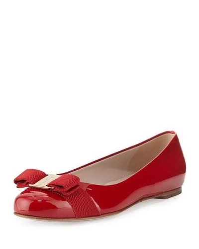 Shop Ferragamo Varina Patent Leather Bow Ballerina Flats In Red