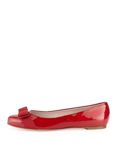 Shop Ferragamo Varina Patent Leather Bow Ballerina Flats In Red