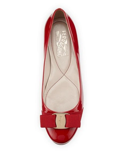 Shop Ferragamo Varina Patent Leather Bow Ballerina Flats In Red