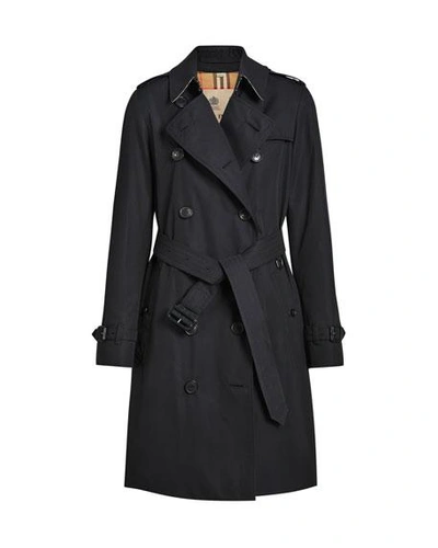 Shop Burberry Kensington Heritage Belted Long Trench Coat In Midnight