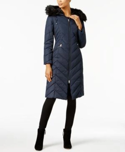 Shop Laundry By Shelli Segal Faux-fur-trim Long Puffer Coat In Brilliant Blue