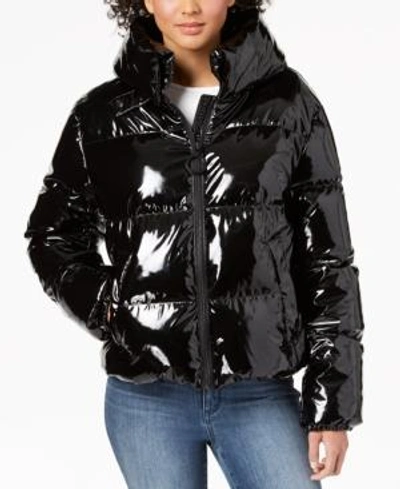 Shop Kendall + Kylie Cropped Shiny Puffer Coat In Black