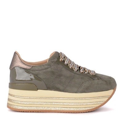 Shop Hogan Maxi H222 Hunter Green Suede And Patent Leather Sneaker In Verde