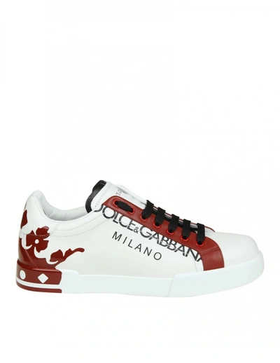 Shop Dolce & Gabbana Sneakers Decorated "portofino" In White Leather In White/red