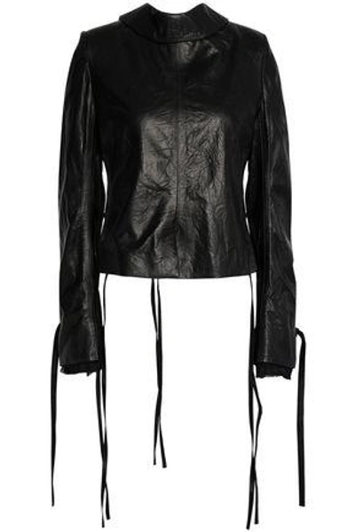 Shop Ann Demeulemeester Woman Bow-detailed Cracked-leather Jacket Black