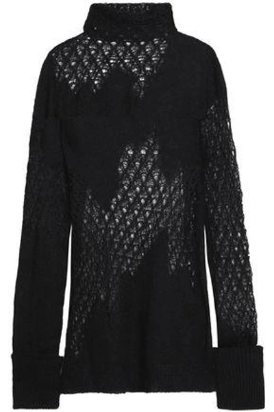 Shop Ann Demeulemeester Woman Open-knit Mohair-blend Turtleneck Sweater Black