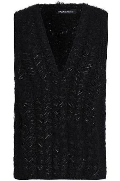 Shop Ann Demeulemeester Woman Lamé-trimmed Cable-knit Alpaca-blend Sweater Black