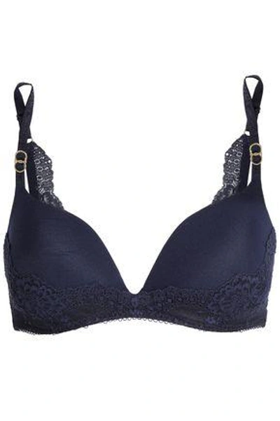Shop Stella Mccartney Woman Smooth & Lace Stretch-jersey And Lace Contour Bra Midnight Blue
