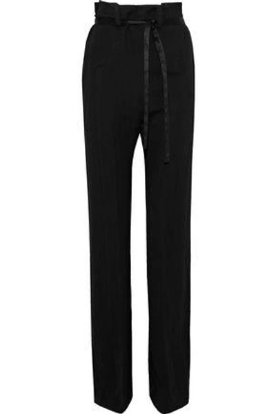 Shop Ann Demeulemeester Woman Satin-trimmed Wool-blend Twill Straight-leg Pants Black