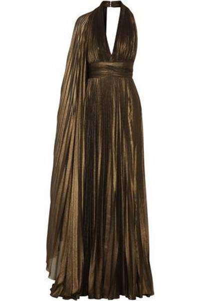 Shop Elie Saab Woman Cape-effect Plissé-lamé Halterneck Gown Brass