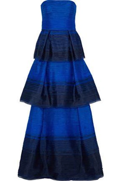 Shop Carolina Herrera Woman Strapless Tiered Dégradé Silk-organza Gown Navy