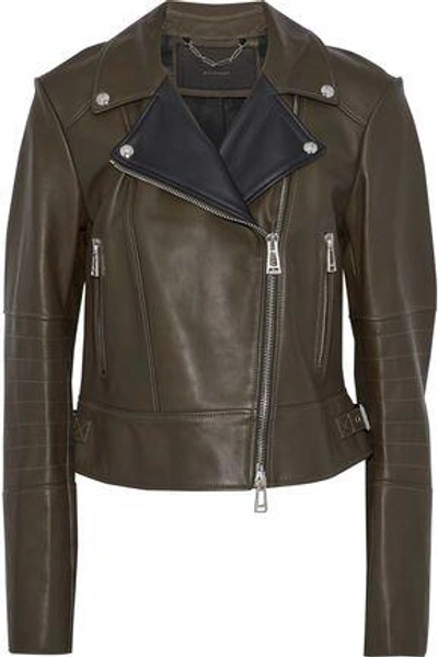Shop Belstaff Woman Burgess Leather Biker Jacket Army Green