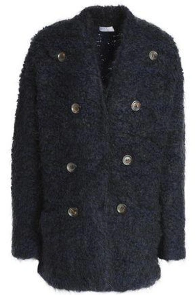 Shop Brunello Cucinelli Woman Button-embellished Wool, Cashmere And Silk-blend Bouclé-knit Jacket Midnight Blue