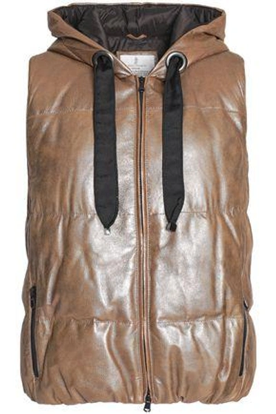 Shop Brunello Cucinelli Woman Quilted Coated-leather Hooded Down Vest Brass