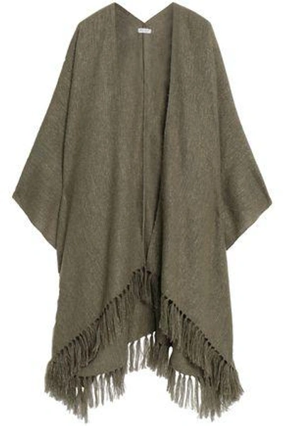Shop Brunello Cucinelli Woman Fringe-trimmed Metallic Knitted Poncho Army Green