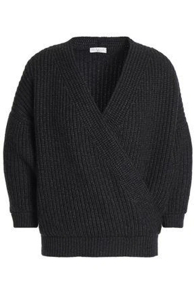 Shop Brunello Cucinelli Woman Wrap-effect Ribbed Cashmere Sweater Charcoal