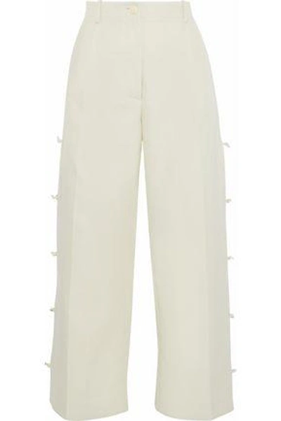 Shop Giorgio Armani Woman Cropped Knotted Cotton And Silk-blend Wide-leg Pants Beige