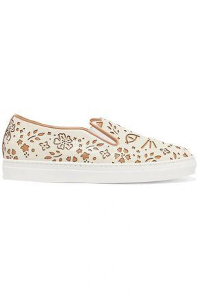 Shop Charlotte Olympia Woman Cool Cats Laser-cut Leather Slip-on Sneakers Ecru