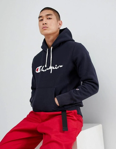 CHAMPION REVERSE WEAVE HOODIE WITH LARGE SCRIPT LOGO IN NAVY - NAVY 212574 NNY BS501