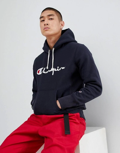 Champion Reverse Weave Hoodie With Large Script Logo In Navy - Navy In Navy