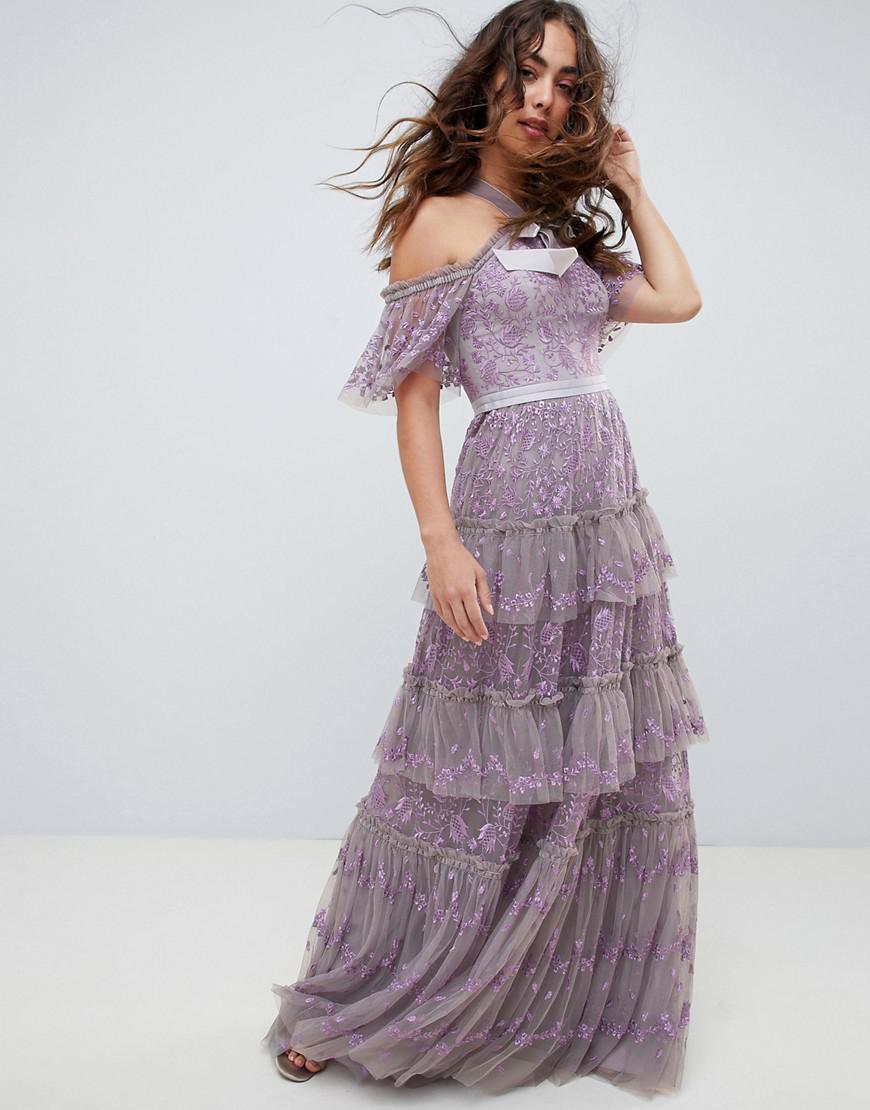 purple cold shoulder maxi dress
