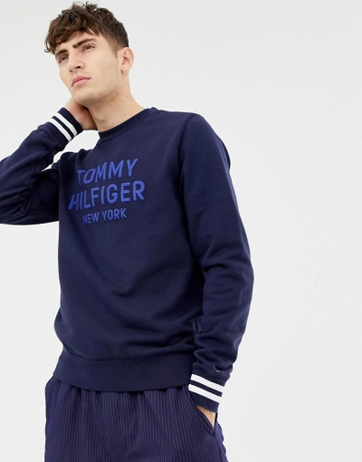Shop Tommy Hilfiger Crew Neck Striped Sweater - Navy