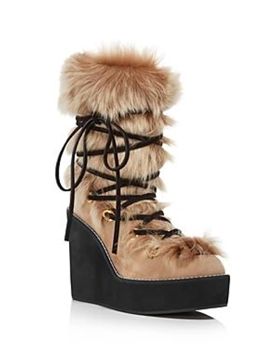Shop Stuart Weitzman Women's Nikita Round Toe Suede & Fur Wedge Boots In Brownstone
