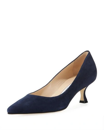 Shop Manolo Blahnik Srila Suede Low-heel Pump In Navy