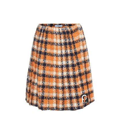 Shop Prada Wool Tweed Pleated Skirt In Orange