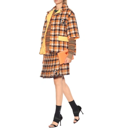 Shop Prada Wool Tweed Pleated Skirt In Orange