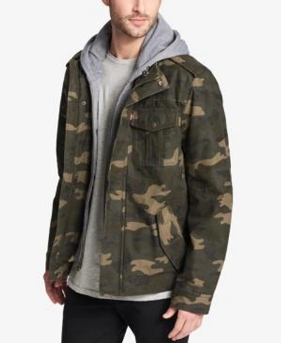 Shop Levi's Men's Sherpa Lined Two Pocket Hooded Trucker Jacket In Olive Camo