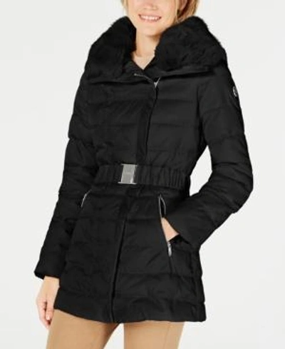 Shop Laundry By Shelli Segal Faux-fur-collar Asymmetrical Puffer Coat In Black